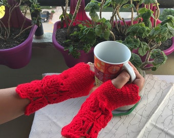 Crochet Fingerless Gloves: Red Boho Chic Hand Warmers