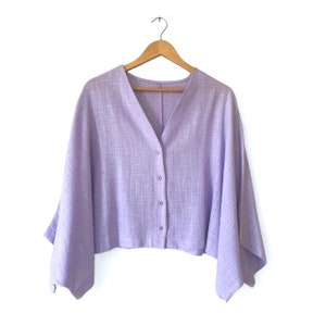 Lilac Linen Top Women V-Neck Oversized Lightweight Jacket With Button Closure Summer Outfit Loose Fit Top With Wide Sleeves Plus Size Top image 1