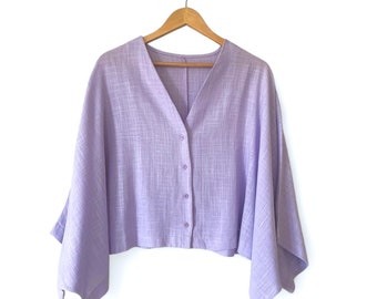 Linen Crop Top Women V-Neck Oversized Lilac Jacket With Button Closure Summer Outfit Casual Loose Fit Top With Wide Sleeves Plus Size Top