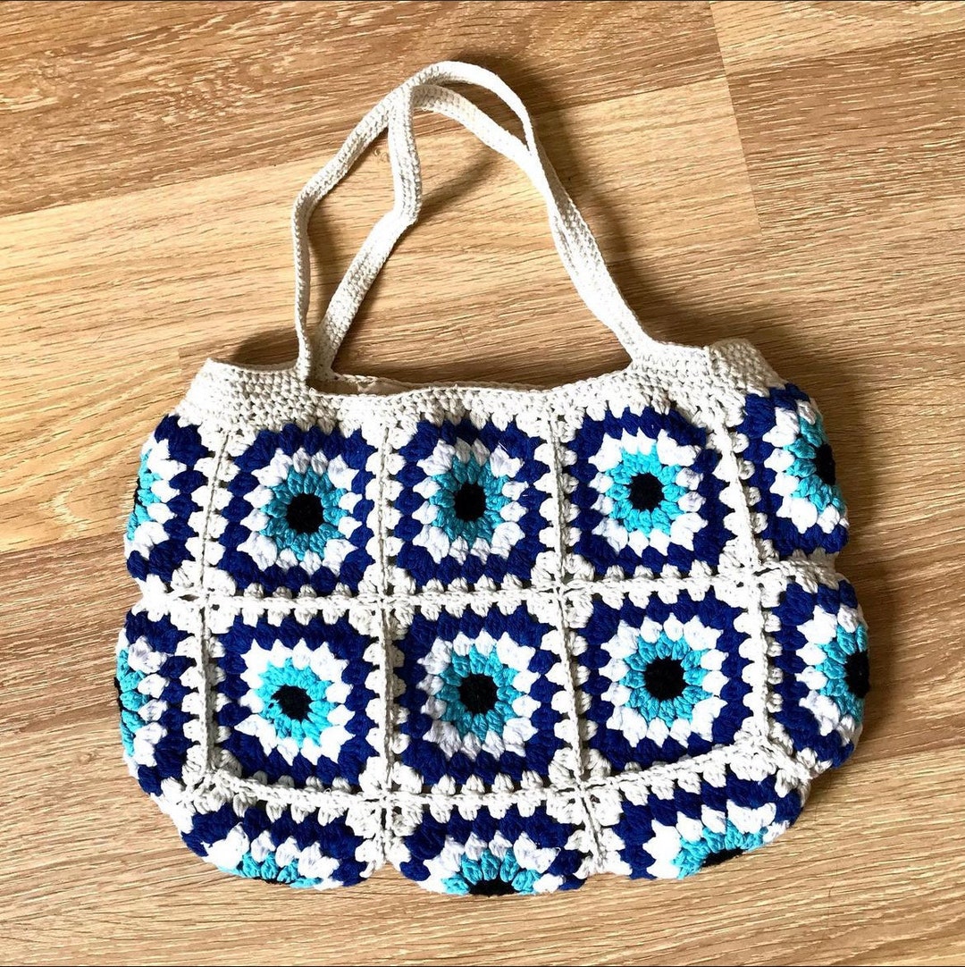 Sac à Main été Crocheté Main En Coton Bleu - Style Bandoulière, Carrés Granny Square - Fait Main, Neuf