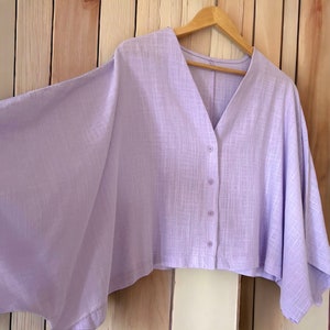 Lilac Linen Top Women V-Neck Oversized Lightweight Jacket With Button Closure Summer Outfit Loose Fit Top With Wide Sleeves Plus Size Top image 2