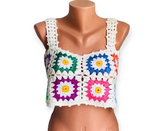 Crochet Tank Top Daisy Tank Top Mini Crop Top Crochet Top Granny Square Crop Top Boho TopGiftGift