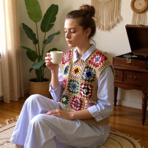 Virkad tröjväst, unisex boho chic tröjväst, färgglad lapptäcksväst, trendig väst för nya säsonger, handgjord väst med mormors fyrkantiga mönster