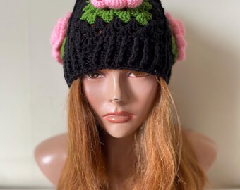 Crochet Rose Beanie: Handmade Flower Hat, Romantic Gift Christmas Gift