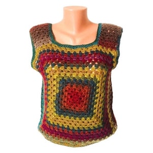 Granny Square Sweater Vest Women Multicolor Mohair Yarn Top For Her Crochet Crop Top Men Crochet Vest For Him Crochet Sweater Vest