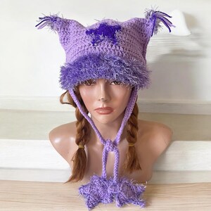 Personalized Cat Ears Beanie with Stars Cat Beanie KPop Style Cat Hat For Friends Family Cat Lover Handmade Gift