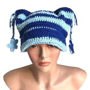 Czapka z uszami kota, czapki zimowe unisex, czapka z uszami kota, czapka z uszami kota, pomysły, słodka czapka, czapka w paski szydełkowana w stylu KPop na prezent na dzień matki