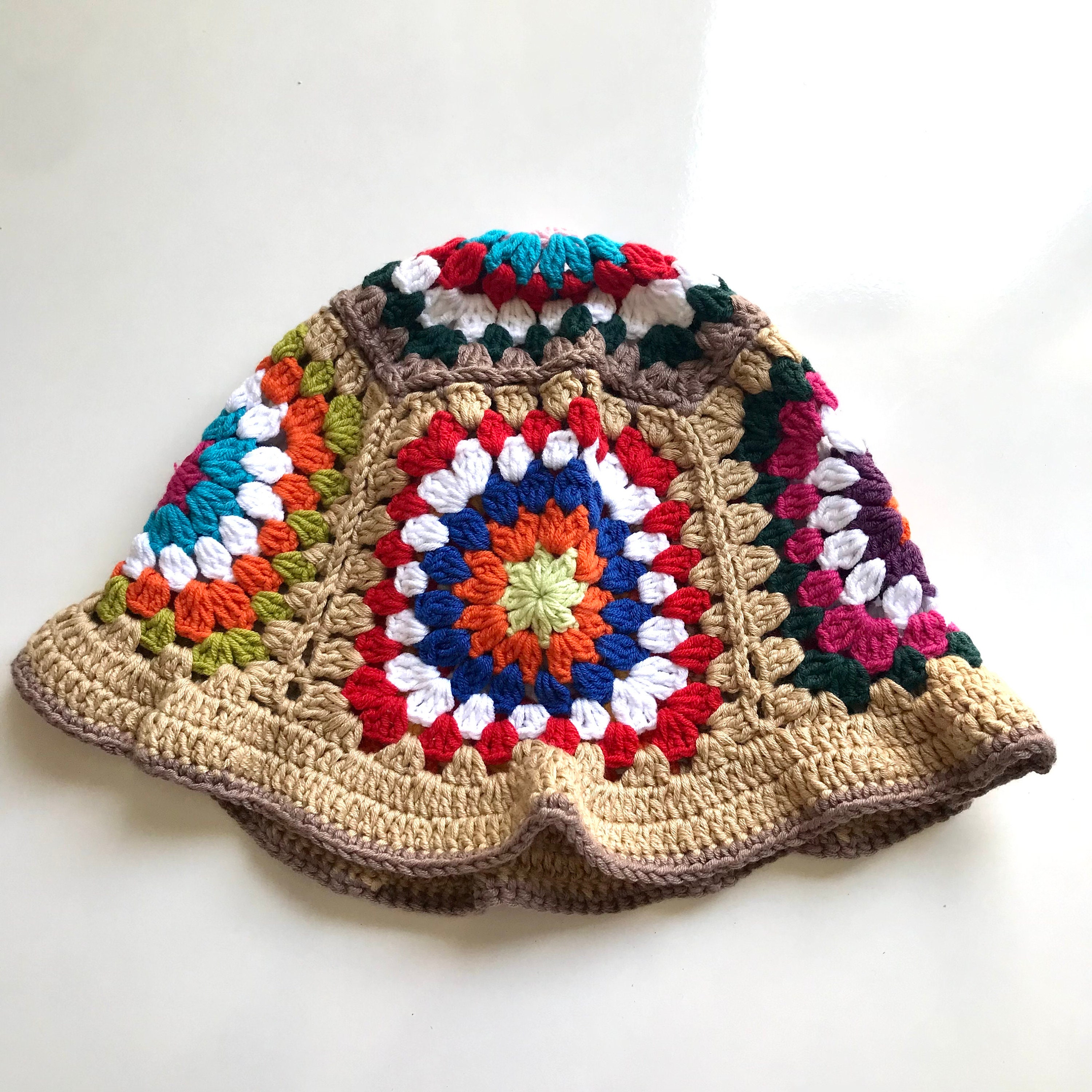 Anthropologie Crochet Granny Square Bucket Hat Pastel Boho Festival Sun Hat Crochet Granny Square Bucket Hat: Boho Beach Style - Cotton  main image 4