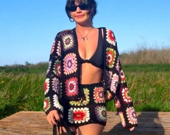 Crochet Granny Square Cardigan and Skirt Set: Handmade Boho Festival OutfitGift