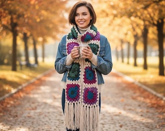Granny Square Long Scarf, Unisex Multicolor Fall Winter Scarf, Handmade Christmas Gift