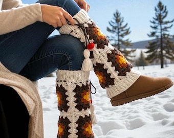 Best Selling Boho Leg Warmers, Granny Square Pattern Legwarmers, Crochet Boot Toppers, Unisex Winter Accessories, HandmadeGift