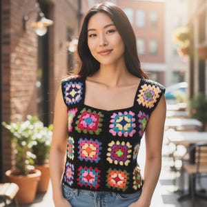 Top corto Grandma Square più venduto, gilet in maglia patchwork boho, gilet unisex all'uncinetto, regalo fatto a mano
