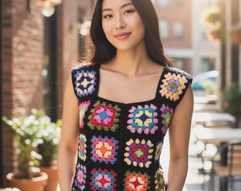 Handmade Granny Square Crochet Crop Top, Boho Patchwork Vest