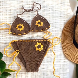 Beachwear Sunflower Bikini Set, Cotton Bikini Set, Summer Outfit, Festival Clothin, Handmade Gift, Floral Bikini Set