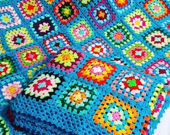Colorful Crochet Granny Square Blanket, Handmade Afghan Throw, Baby Shower, Wedding Gift