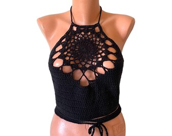 Crochet Halter Top, Handmade Cotton Mandala Bustier, Boho Beachwear