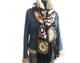 Granny Square Long Scarf Women Crochet Celebrity Inspired Scarf Gift for Her Crochet Big Scarf Men Crochet Trendy Scarf Gift for Him