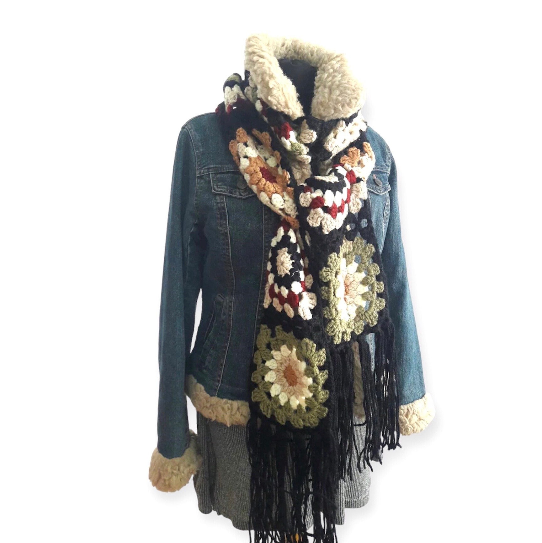 Granny Square Long Scarf Crochet Celebrity Inspired Scarf Crochet Big Scarf Men Crochet Trendy Scarf for Him