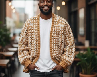 Mens Trending Crochet Cardigan, Hexagon Cardigan, Boho Chic Unisex Cardigan, Handmade Gift Christmas Gift