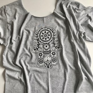 Hamsa Crop Top Yoga Top Hand of Fatima Grey Cut Out Graphic Tee Gift For Her Fitness Clothes Zen T-Shirts Men Loose Fit Graphic Top image 7