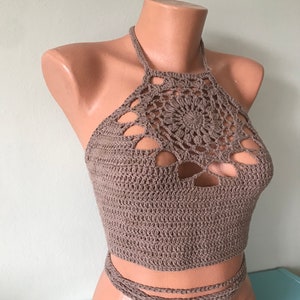 Women Crochet Halter Top Crochet Mandala Top Gift For Her Crop Top Gift for Mom Backless Crochet Boho Top Gift for Girlfriend Festive Top