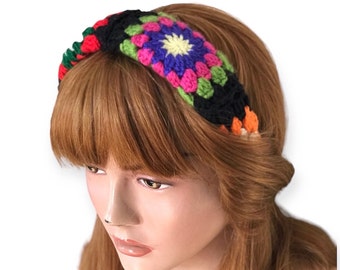 Granny Square Headband Women Boho Chic Headband for Her Crochet Padded Headband Sunburst Granny Square Headband Handmade Gift