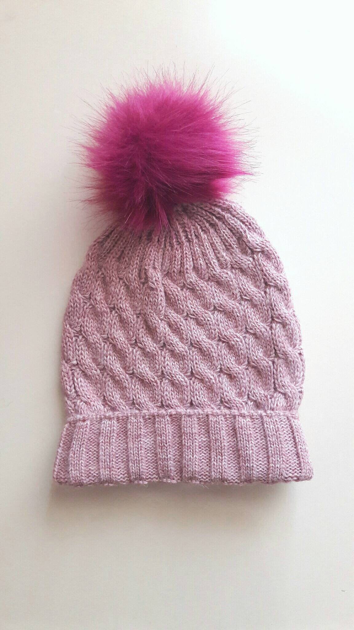 Pastel Pink Cable Knit Beanie with Faux Fur Pom Pom Slouchy | Etsy