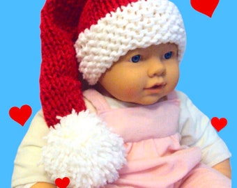 Hand Knit Baby Christmas Hat, Acrylic PomPom Slouchy Beanie Christmas Gift
