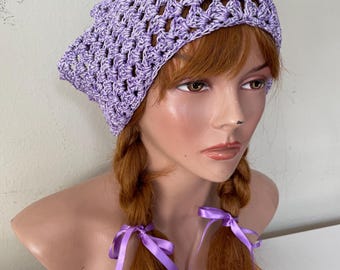 Crochet Lilac Headscarf, Shimmery Boho Bandana, Handmade