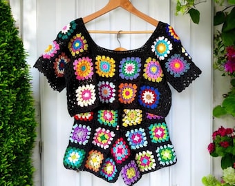 Handmade Crochet Granny Square Top and Shorts Set: Boho Festival OutfitGift