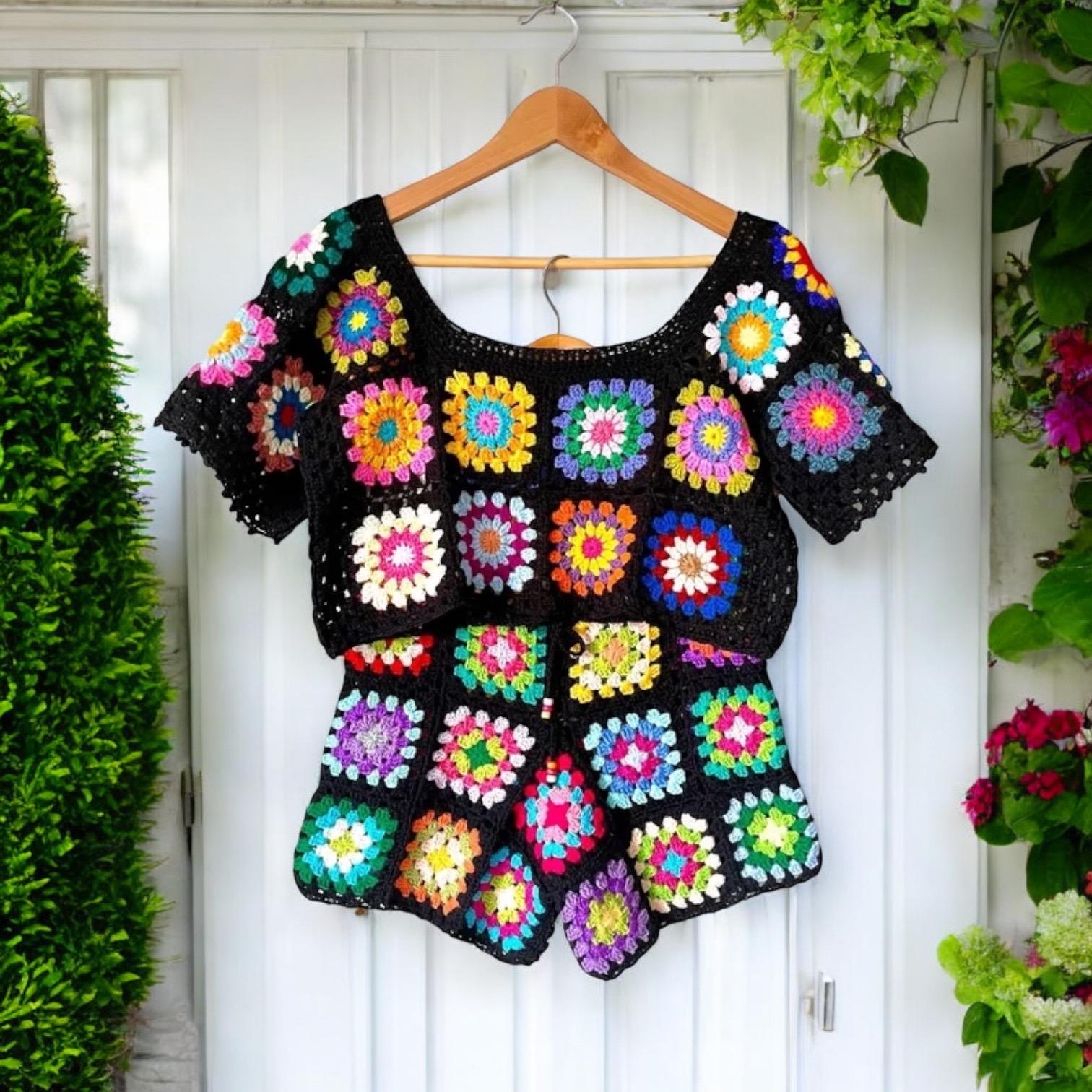 Handmade Crochet Granny Square Top and Shorts Set: Boho