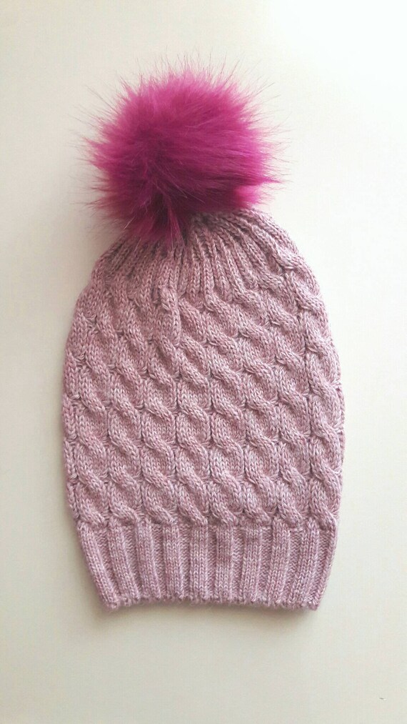 Pink Cable Knit Beanie With Faux Fur Pom Pom - Etsy Israel display picture 1