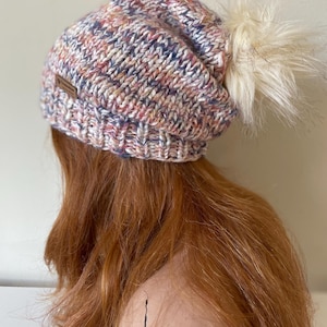 Knit Slouchy Beanie with Faux Fur Pompom Women Knit Winter Hat Snow Hat Knit Slouchy Beanie for Her Knit Ski Hat Mother&#39;s Day Gift