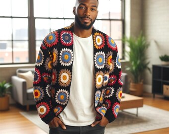 Mens Crochet Granny Square Cardigan, Etsy Best Seller Colorful Trendy Cardigan, Boho Chic Jacket, Handmade Gift Christmas Gift