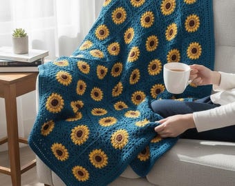 Manta con estampado de girasoles de abuela, manta afgana hecha a mano, manta para sofá, decoración del hogar, habitación infantil, regalo de boda, baby shower
