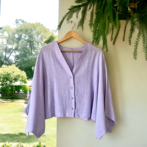 Lilac Linen Top Women V-Neck Oversized Lightweight Jacket With Button Closure Summer Outfit Loose Fit Top With Wide Sleeves Plus Size Top image 3