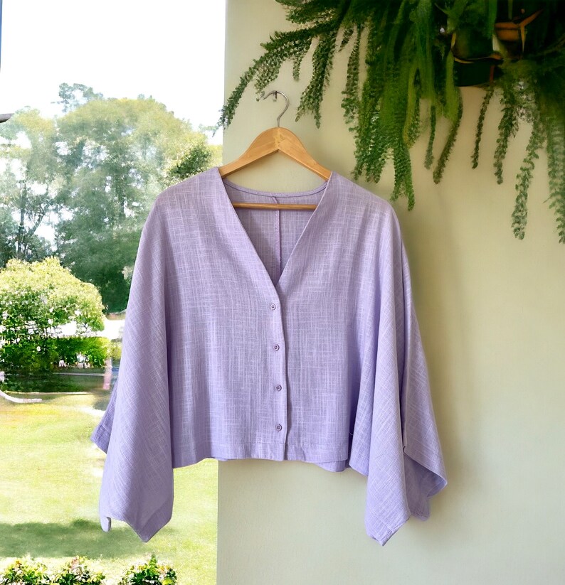 Lilac Linen Top Women V-Neck Oversized Lightweight Jacket With Button Closure Summer Outfit Loose Fit Top With Wide Sleeves Plus Size Top image 3