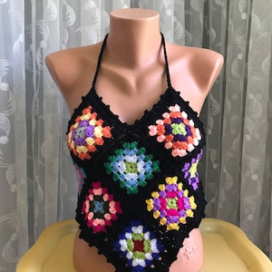 Crochet Granny Square Halter Top: Handmade Boho Patchwork