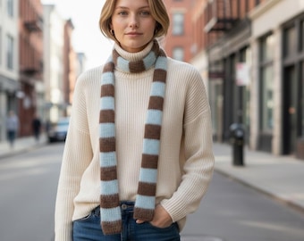 Skinny Knit Scarf,  Unisex Handmade Striped Scarf, Trendy Boho Chic Winter Accessory, Men Women Fashion Scarf