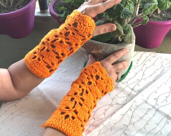 Crochet Fingerless Gloves: Orange Boho Chic, Cozy Fall Style