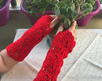 Crochet Red Fingerless Gloves Women Boho Chic Long GLoves For Her Cozy Chic Crochet Hand Warmers Stylish Handwear Bohemian Style