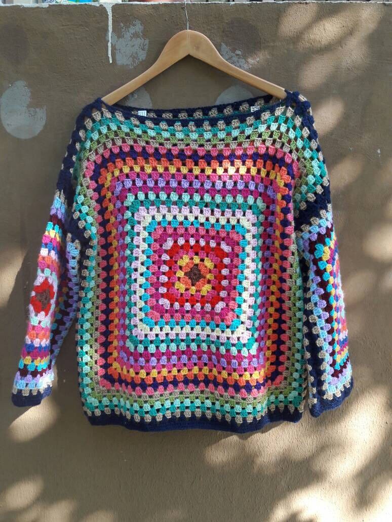 Granny Square Sweater Crochet Boho Sweater Knit Sweater Women - Etsy