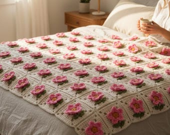 Crochet Flower Granny Square Blanket, Handmade Afghan Blanket, Crochet Sofa Throw, Flower Motif Blanket, Baby Shower Gift, Handmade Blanket