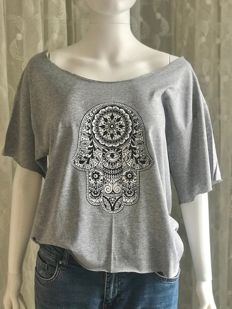 Hamsa Crop Top Yoga Top Hand of Fatima Grey Cut Out Graphic Tee Gift For Her Fitness Clothes Zen T-Shirts Men Loose Fit Graphic Top image 1