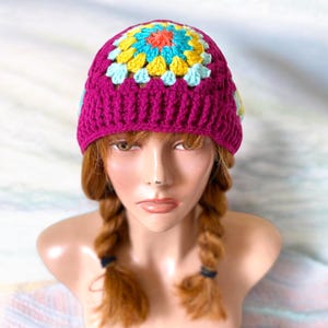 Gorro cuadrado de abuela, gorro de ganchillo para mujer, gorro cuadrado de abuela, gorro bohemio para hombre, gorro colorido cuadrado de abuela con rayos de sol.