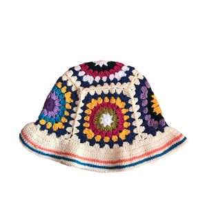 Sombrero de cubo con diseño de abuela, hecho a mano, para mujer y hombre, con diseño de rayos de sol, estilo bohemio, de ganchillo, para verano, accesorios para festivales, para playa.