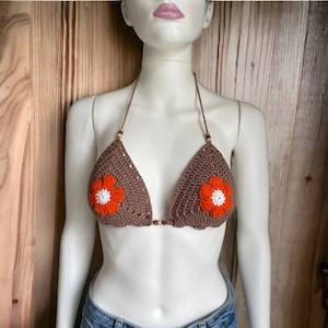 Crochet Bikini Top Floral Bikini, Bohemian Bikini Top, Bikini Bralette Tops, Beachwear Top, Handmade Bikini Gift, Festival Top, Halter Top
