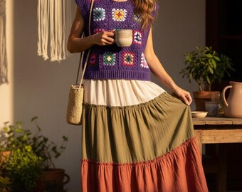 Handmade Crochet Granny Square Vest, Unisex Patchwork Boho Chic