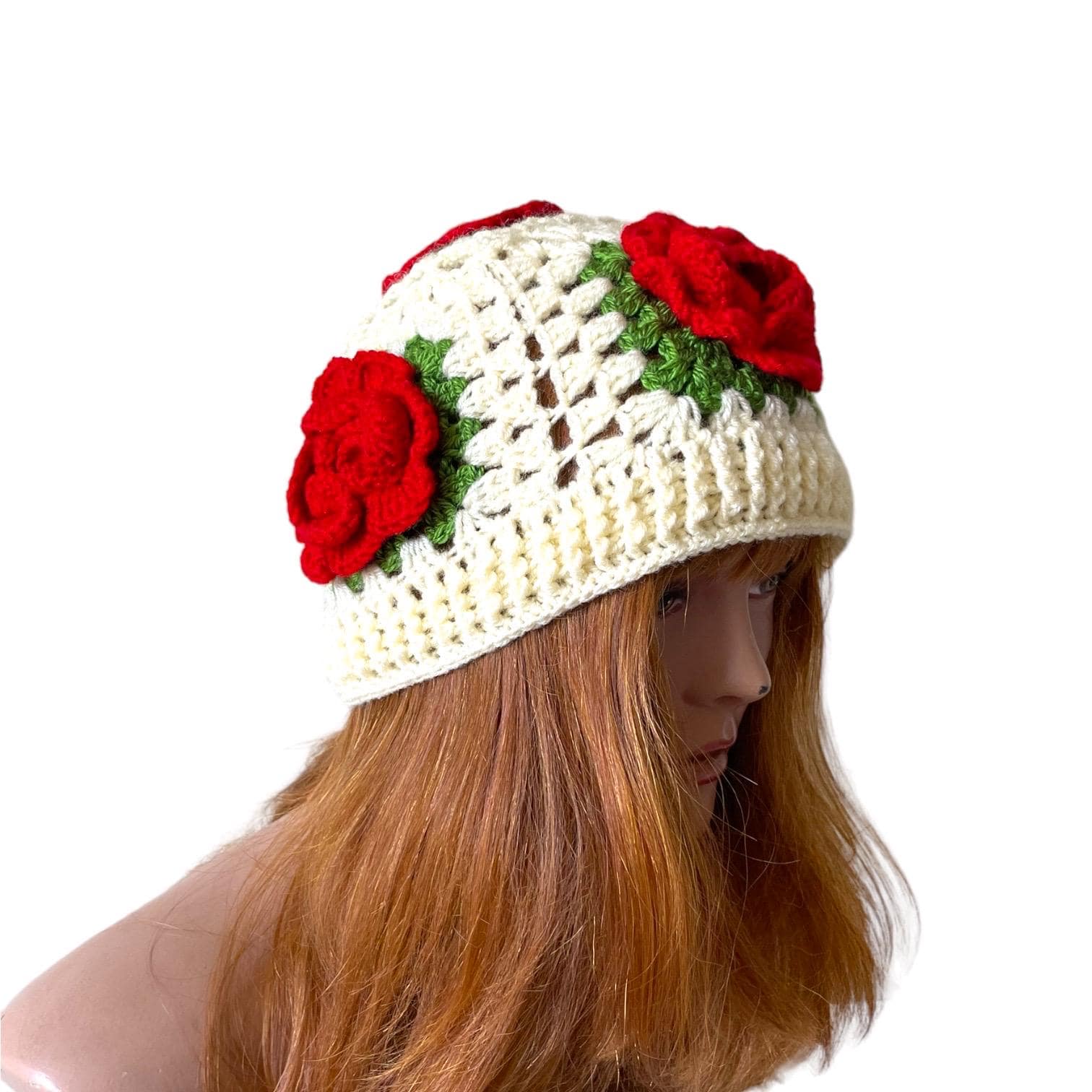 Crochet Rose Beanie: Handmade Granny Square Flower Hat Handmade