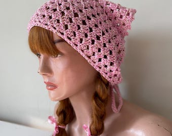 Crochet Shimmery Pink Bandana, Boho Headscarf, Handmade